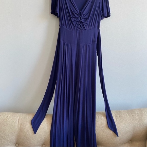 Anthropologie Jumpsuit Romper Wide Leg Stretch Flowy Palazzo Pant Tie Waist Ruch - Picture 7 of 13